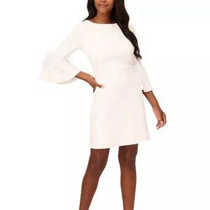 Adrianna Papell Size 4 White Ivory Feather Cuff Bell Sleeve Dress Scuba Crepe